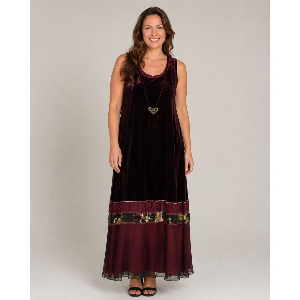 S.A.2 Silk Blend Vintage Velvet floral Burgundy Maxi Dress Whimsy goth #800